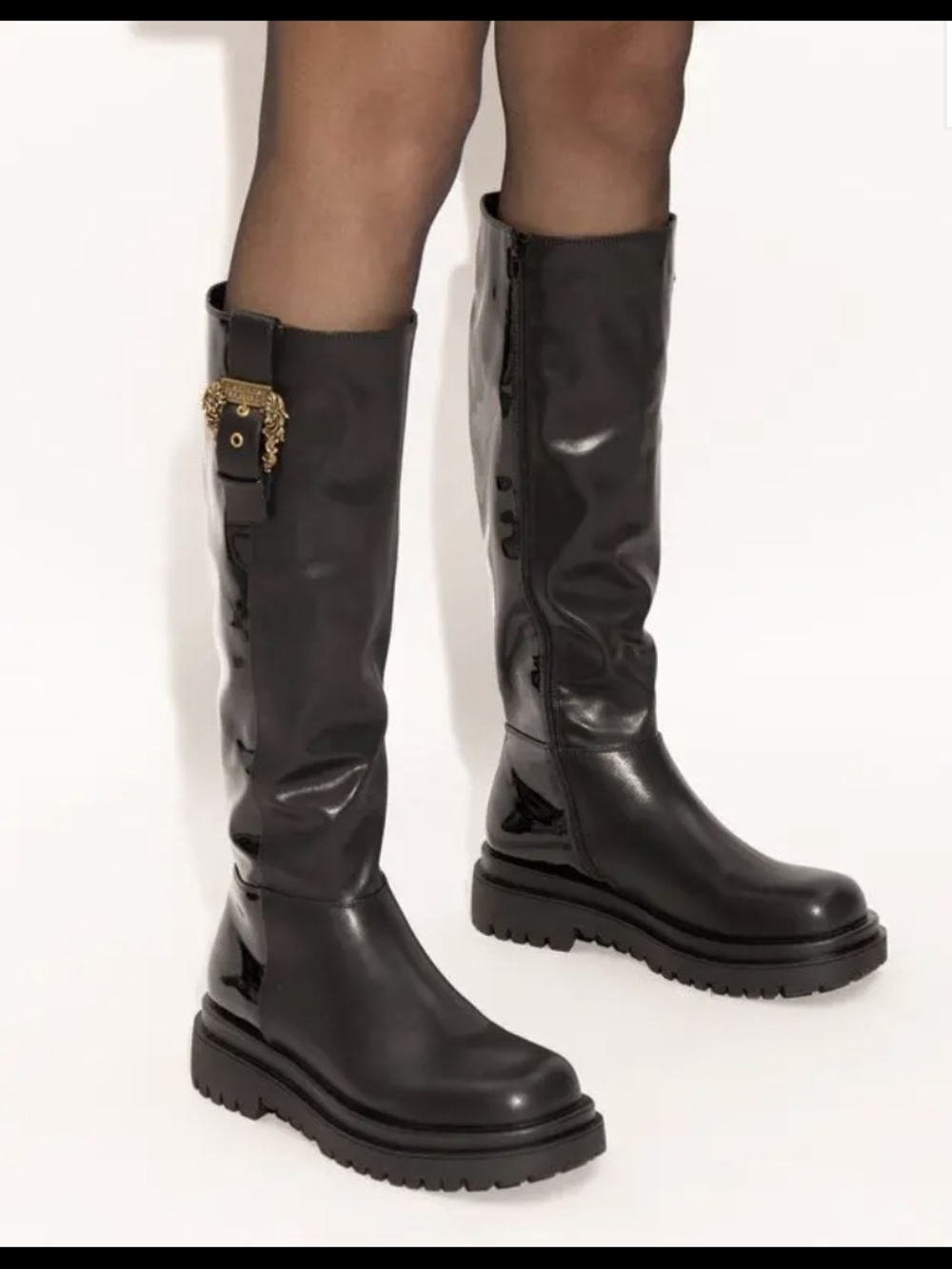 Versace Collection Black Knee High Leather Boots with Gold Buckle
